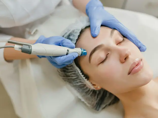 Caneta de microagulhas sendo aplicada na testa de uma cliente, por profissional de luvas