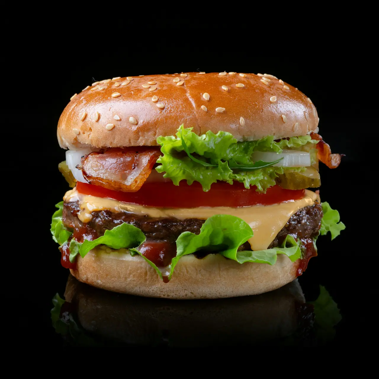 Hambúrguer Norte Bacon com cheddar duplo e fatias de bacon crocante, em fundo preto